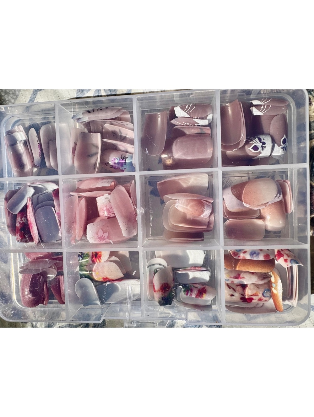Assorted Press-On Nail Sets with Floral and Solid Designs in Storage Box